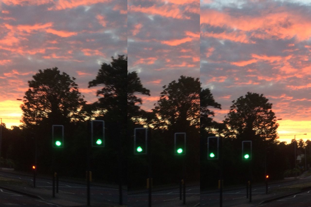 sunset, sky, orange color, tree, silhouette, cloud - sky, building exterior, street light, architecture, built structure, dusk, illuminated, road, nature, beauty in nature, outdoors, transportation, no people, tranquility, scenics