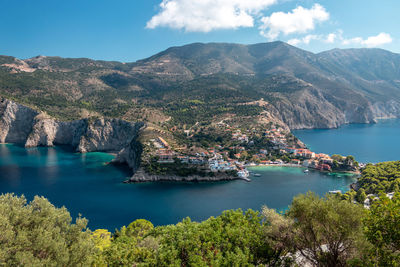 High angle view of bay against sky