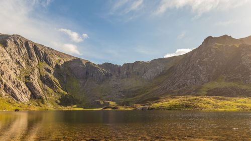 Scenic view of lake by mountains against sky