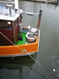 High angle view of boat moored at pier