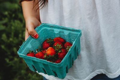 High angle view of hand holding strawberries