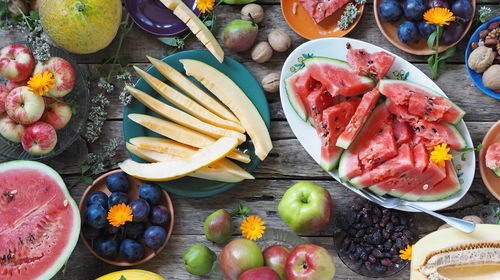 High angle view of fruits and vegetables on table