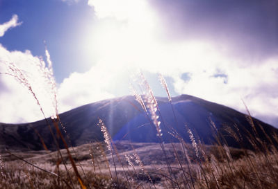 Scenic view of field against cloudy sky