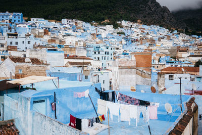 High angle view of houses in town