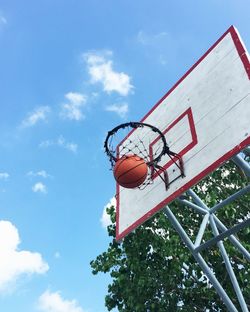 Low angle view of basketball in hoop against sky