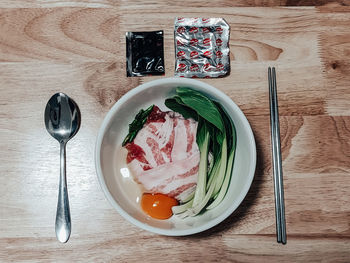 High angle view of breakfast served on table