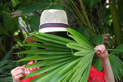 Woman wearing hat holding plant while standing outdoors