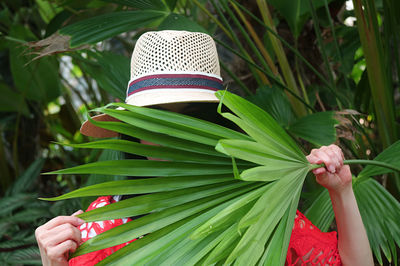Woman wearing hat holding plant while standing outdoors