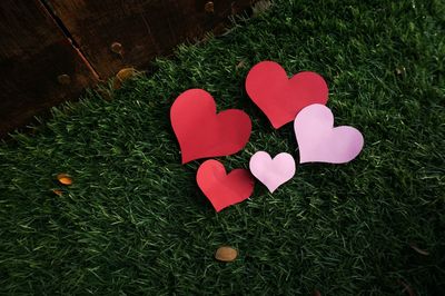 High angle view of red heart shape on grass