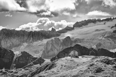 Scenic view of mountains against cloudy sky