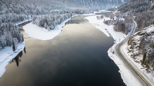 Aerial view of snow covered landscape