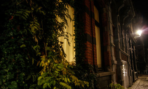 Low angle view of illuminated street amidst buildings at night