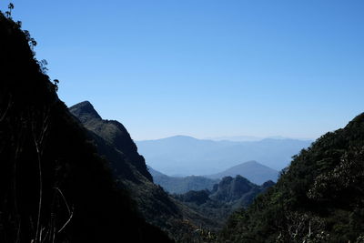 Scenic view of mountains against clear blue sky