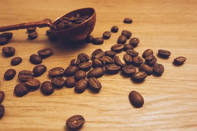 Close-up of coffee beans on table