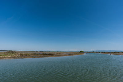 Scenic view of sea against clear blue sky