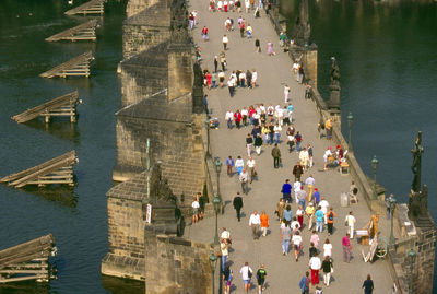 High angle view of people walking on water