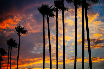 Low angle view of silhouette palm trees against romantic sky