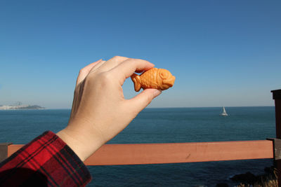 Close-up of hand holding blue sea against clear sky