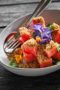 Close-up of breakfast served on table