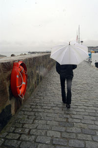 Rear view of people walking on footpath during rainy season