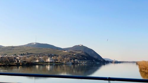 Scenic view of lake by mountains against clear sky