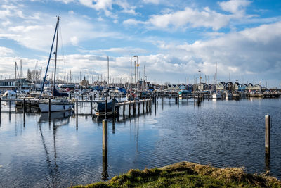 Sailboats moored in harbor against sky