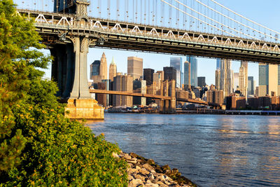 Bridge over river with city in background