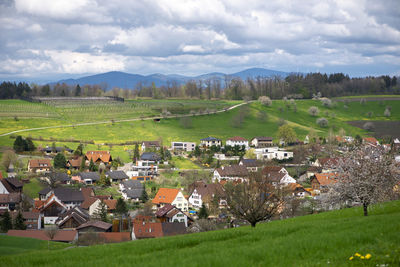 Houses on field against sky