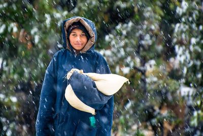 Portrait of woman standing in snow