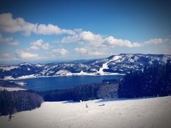 Scenic view of snow covered mountains