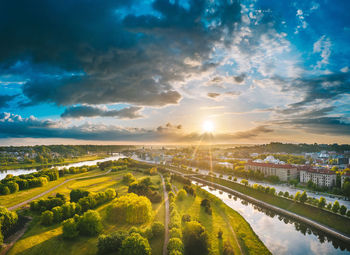 Aerial view of townscape during sunset