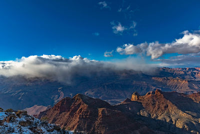 Panoramic view of snowcapped mountains against blue sky