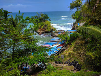 High angle view of trees by sea against sky