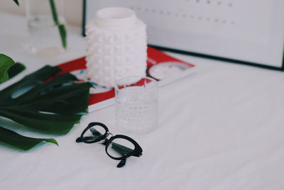 High angle view of eyeglasses on table