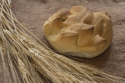 High angle view of wheat on table