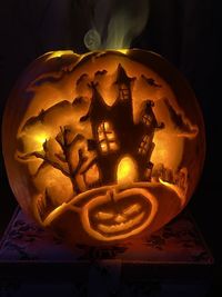 Close-up view of illuminated pumpkin