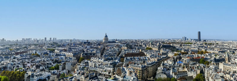 Extra wide panoramic aerial view of paris from the tower of the cathedral of notre dame