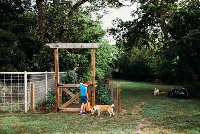 Young boy opening gate to back yard garden during summer