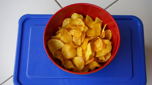 High angle view of fruits in bowl on table