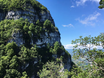 Scenic view of rock formation amidst trees against sky