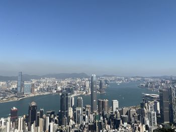 Aerial view of city and buildings against clear blue sky