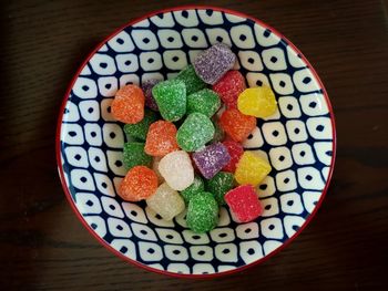 High angle view of candies in plate on table