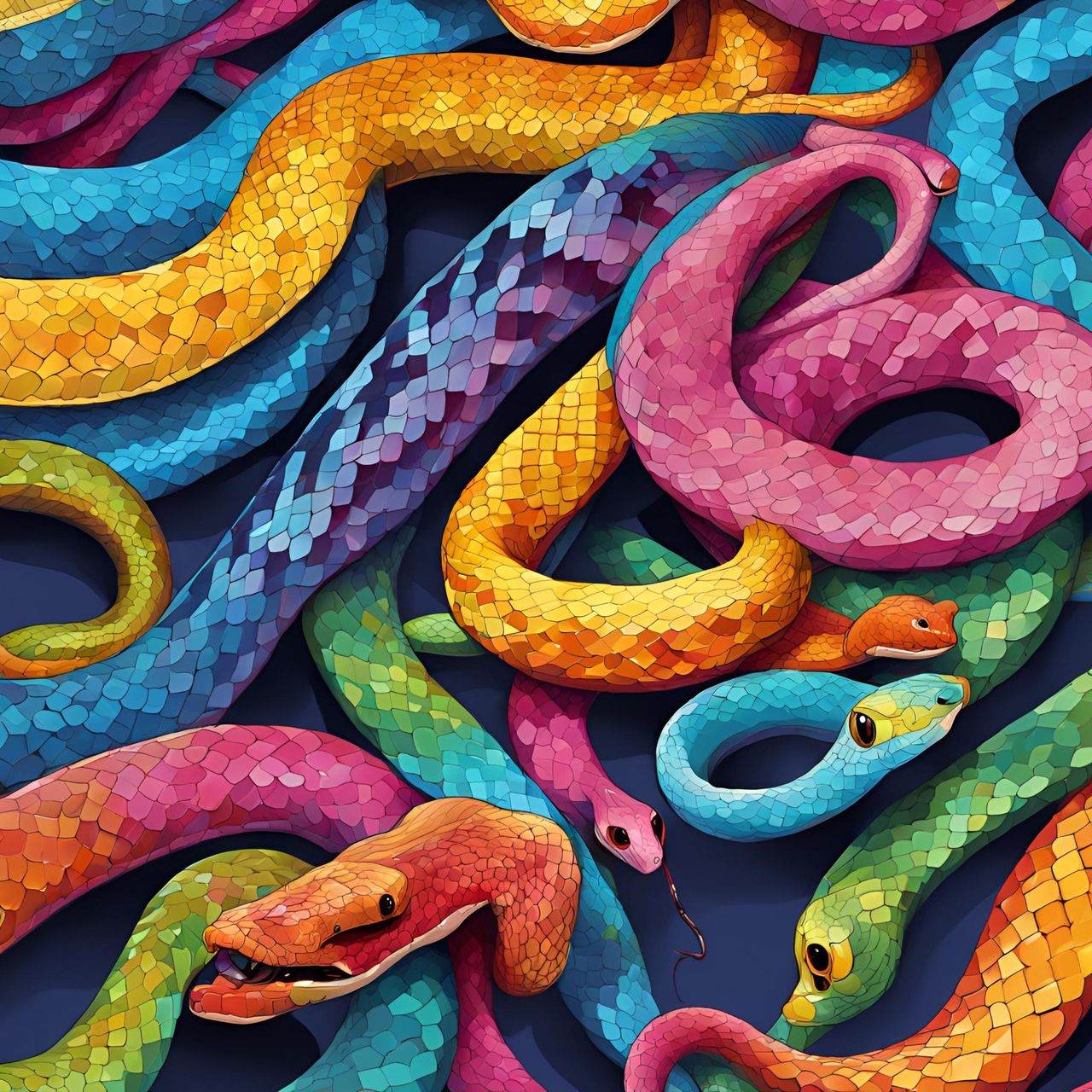 multi colored, serpent, reptile, snake, full frame, no people, backgrounds, variation, close-up, art, vibrant color
