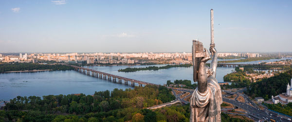 Aerial view of the mother motherland monument in kiev.