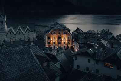 Buildings in city at night