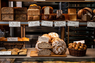 Sour dough bread /toast selections in the bakery,  perino vesco in turin, italy