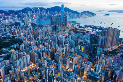 High angle view of city at waterfront