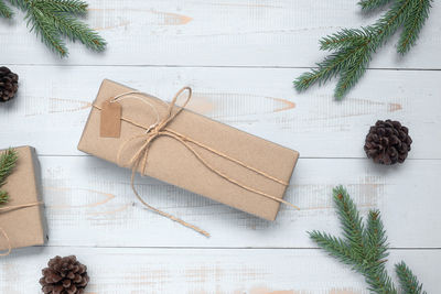 High angle view of christmas decoration on table