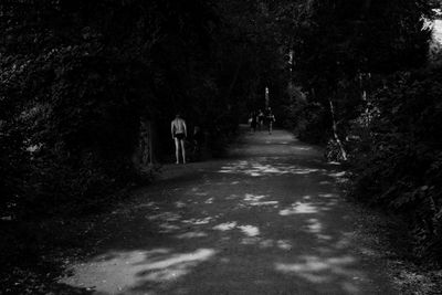 Rear view of people walking on footpath in forest