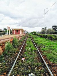 Train in railroad tracks against sky